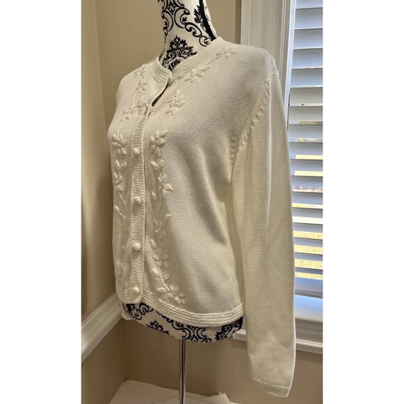Vtg Lands' End Cotton Floral Embroidered Cardigan Sz S Ivory Classic Cottage - Picture 3 of 12